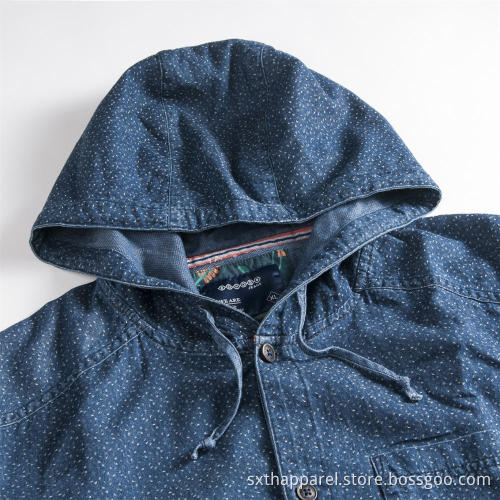 Indigo Blue Dotted Printed Shirt Jacket med huva